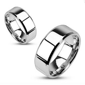 Silver Stainless Steel Beveled Edge 8mm Band Glossy Lightweight Comfy Ring